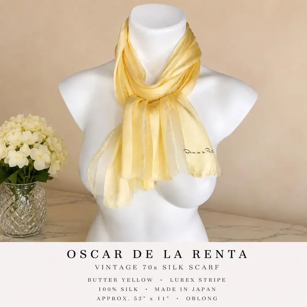 Vintage 70s Oscar de la Renta Silk Scarf Butter Yellow Lurex Stripe Japan 10X52